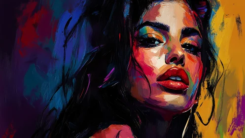 Vivid impasto portrait of woman with neon chromatic contrasts.
