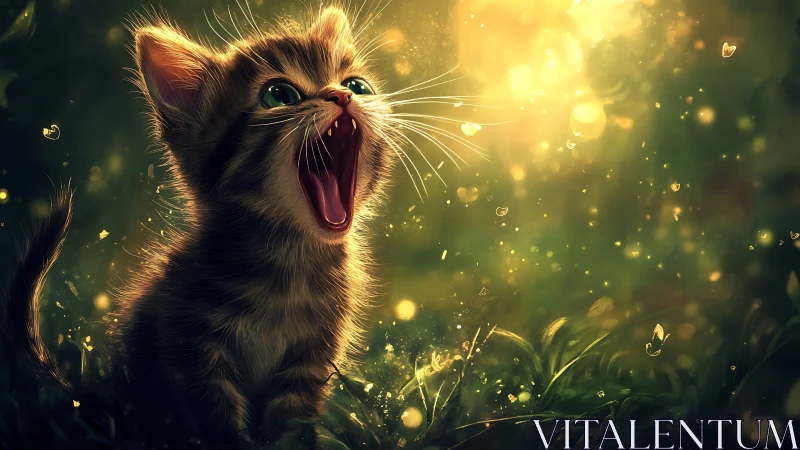 Luminescent Feline Portrait with Golden Bokeh Particles.