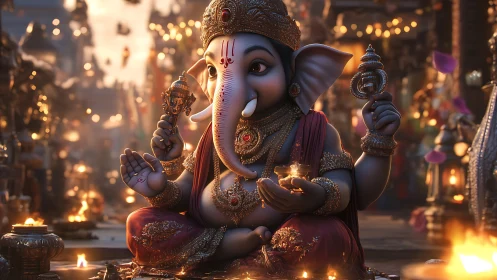 Rendered Ganesha idol illuminated by ritual lamps in festive courtyard