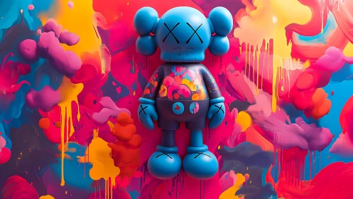 Blue vinyl figure against neon abstract paint explosion