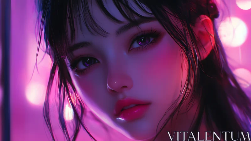 Neon-lit portrait of stylized woman with luminous magenta glow.