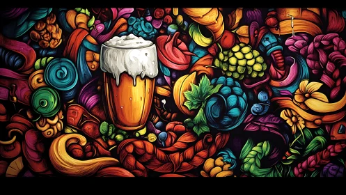 Colorful craft beer glass amid bold hop and fruit art.