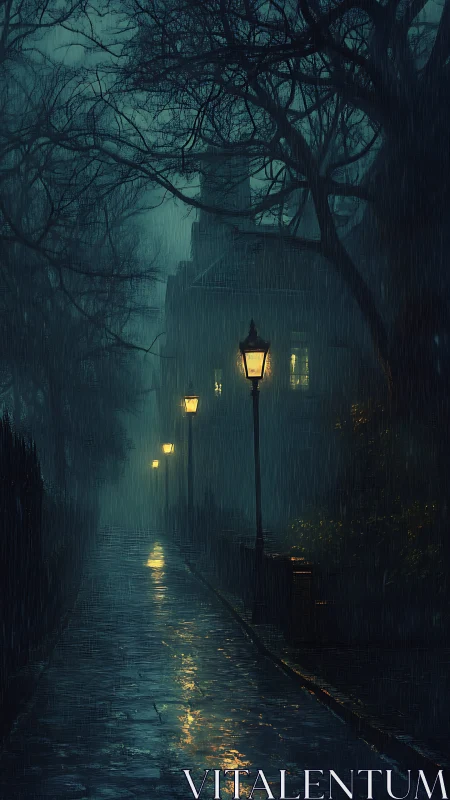 Rain-soaked midnight lane under whispering gaslight glow.
