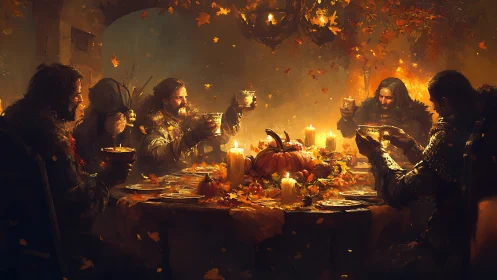 Autumn feast of rugged warriors around a glowing harvest table.