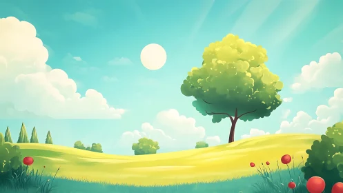 Cartoon landscape with tree, rolling hills and bright sky.