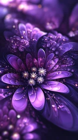Violet fractal blossom with glowing petals in deep space.