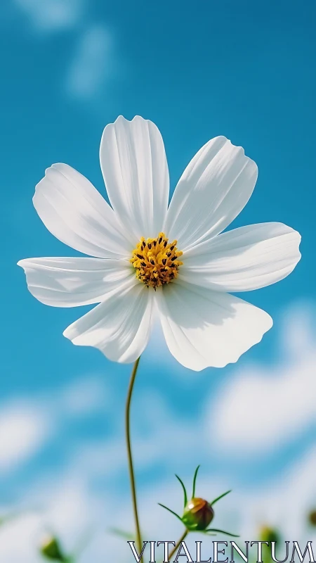 White Cosmos Flower Against Blue Sky.