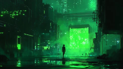 Neon green alleyway silhouette in futuristic cyber city.