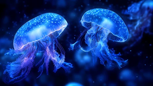 Luminous blue jellyfish drifting through cosmic ocean glow.