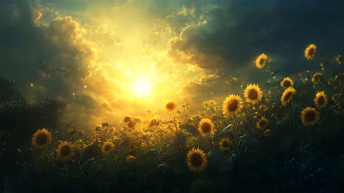 Sunflower choir greeting a storm-split celestial sunrise.