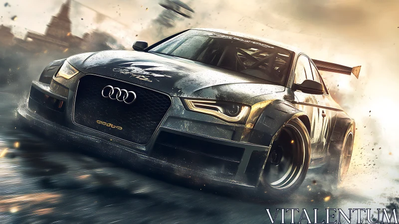 Sleek racing car charging through smoke and golden light.