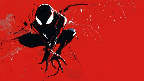 Dynamic masked hero crouches boldly against vivid red field