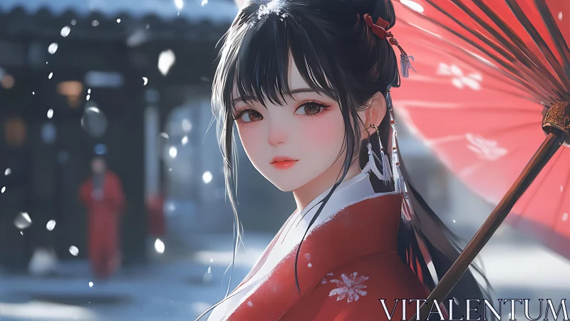 Snowlit gaze lingers beneath a crimson winter umbrella
