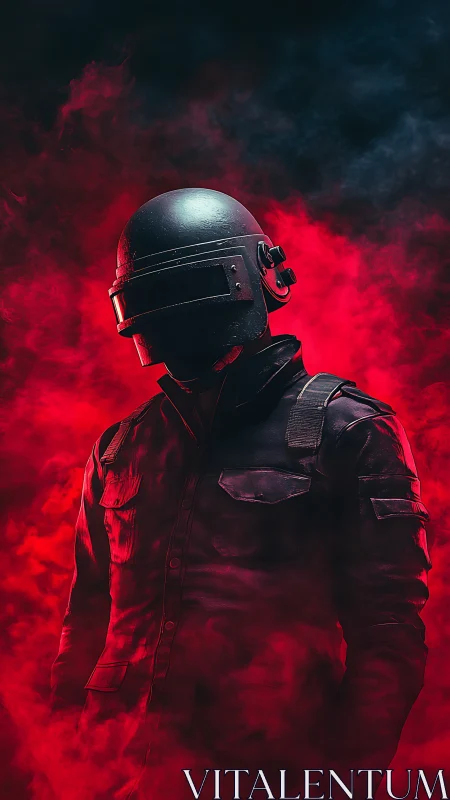 Armored tactical combatant emerges amid red volumetric smoke