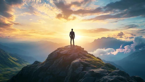 Solitary figure on sunlit mountain ridge at dramatic sunrise.