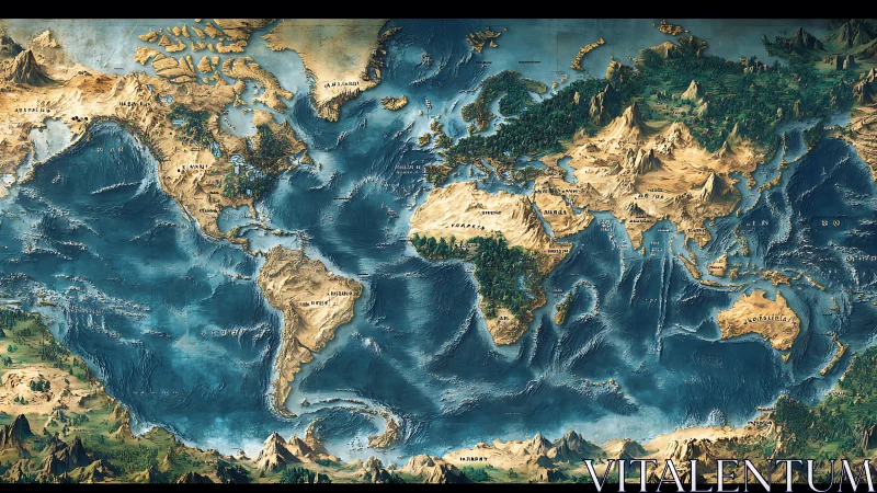 Fantasy world map with elevated continents and oceans.