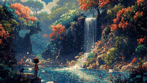 Pixelated forest waterfall scene with child and distant cat