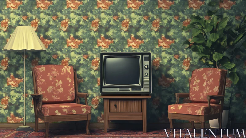 Mid-century living room with vintage television set.