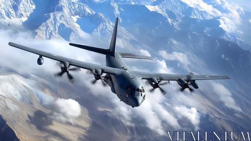 Military turboprop transport aircraft flying over mountains