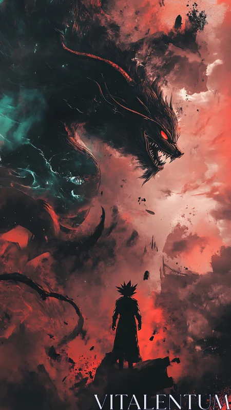 Stormlit warrior confronting colossal shadow dragon at dusk.