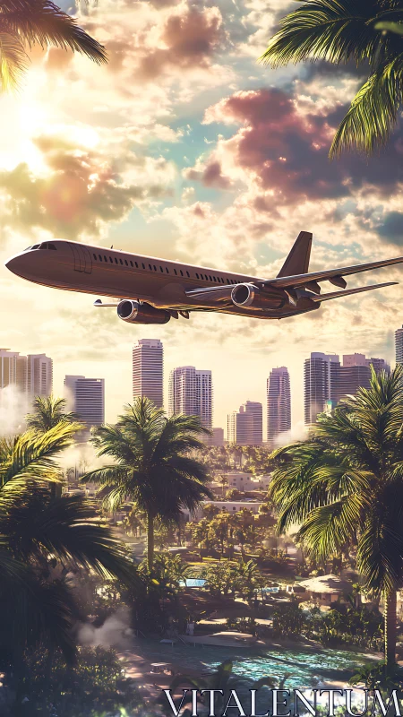 Passenger jet descends over tropical cityscape at sunset