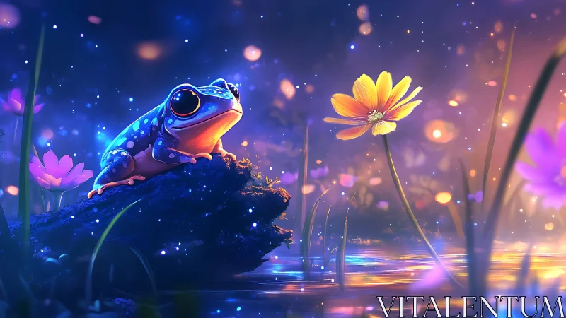 Glowing blue frog beside golden flower in dream pond.