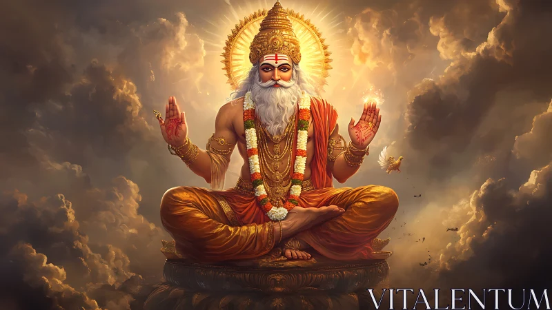 Divine sage seated on lotus pedestal amid radiant storm clouds