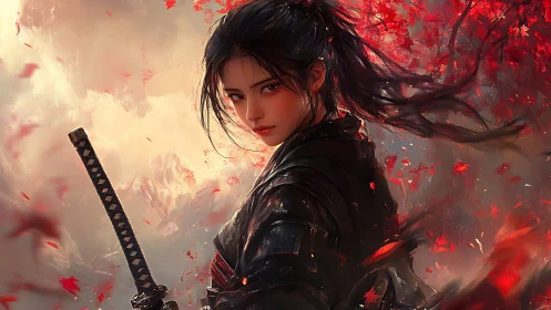 Samurai swordswoman amid scarlet autumn storm of leaves.
