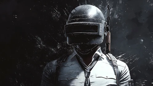 Helmeted battle operative posed in dark gritty portrait.