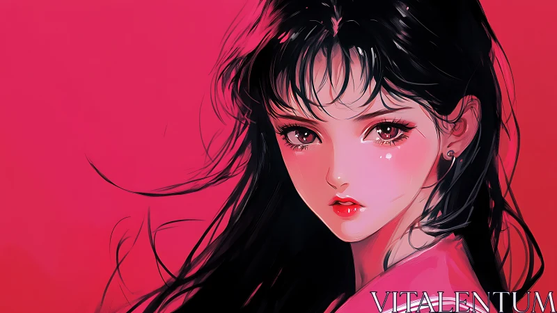 Digital portrait of dark haired girl on solid pink background.