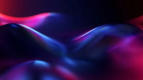 Glowing neon waves drift softly across a shimmering horizon