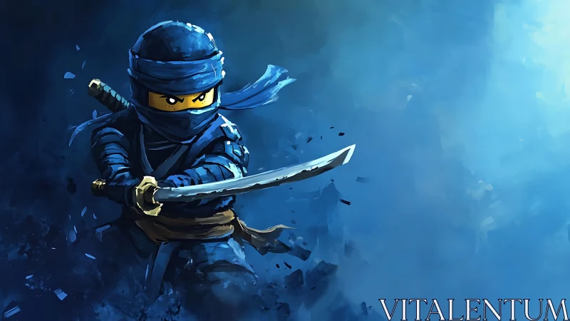 Blue masked toy ninja with sword in dynamic action pose.