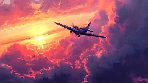 Vintage propeller plane crosses a glowing sunset sky.