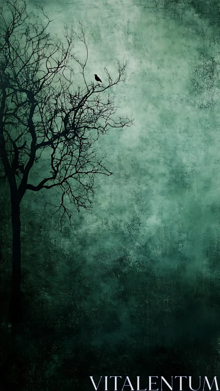 Silhouette of bare tree with perched bird on green background.