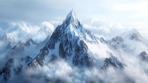 Photorealistic alpine pinnacle within luminous cloud strata.
