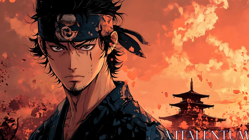 Stoic anime swordsman before burning temple at dusk.