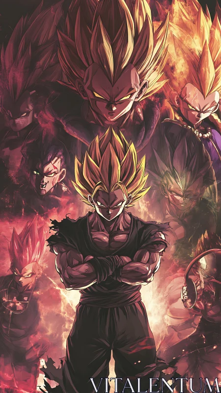 Fierce warrior surrounded by blazing legendary forms.