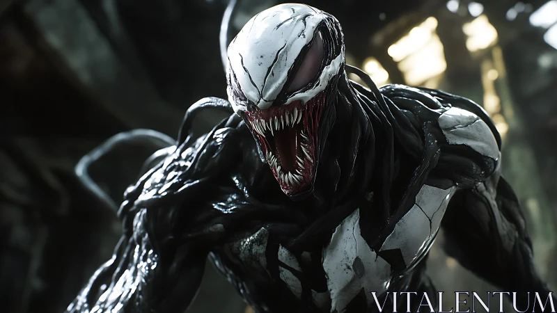 Snarling symbiote lunges from shadowy ruins in glossy rage.