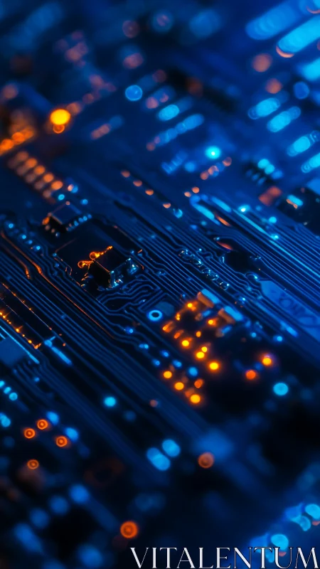 Glowing blue circuit board pulses with warm orange light.