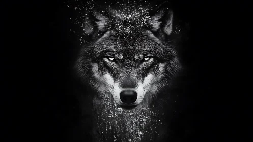 Monochrome wolf portrait with splatter dispersion effect.