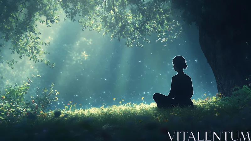 Tranquil woman meditating in magical sunlit forest, digital art.