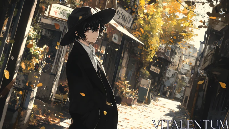 Brooding youth beneath autumn leaves in narrow city lane.