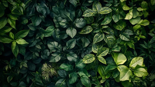 Dense tropical foliage wall shows layered leaf textures and tones