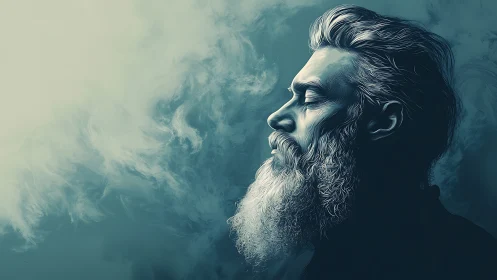 Bearded man in teal mist surrenders to quiet introspection