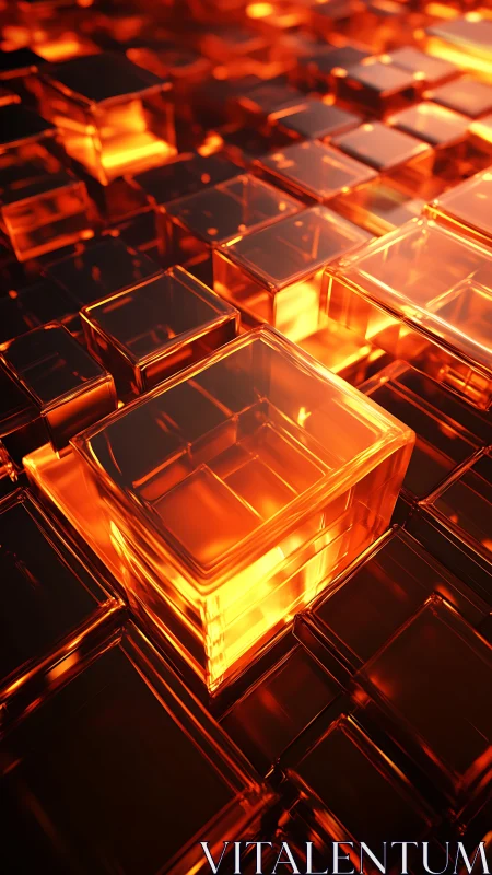 Luminous glass cube grid with glowing orange core blocks.