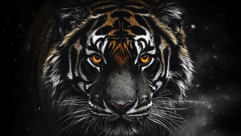 Tiger portrait with intense gaze against dark background.