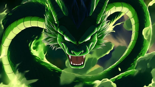 Emerald storm dragon coils through blazing celestial fire.