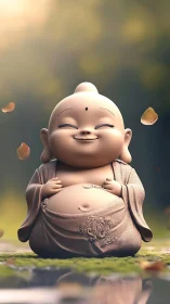 Gentle baby monk statue smiling in a sunlit garden.
