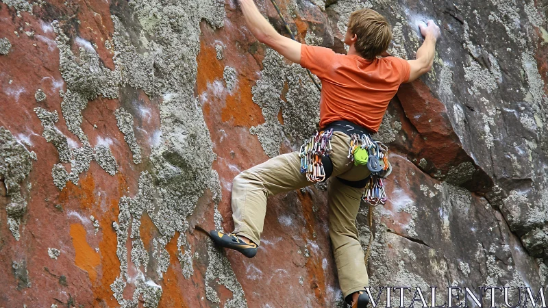 Photographic study of lead rock climber on textured cliff face.
