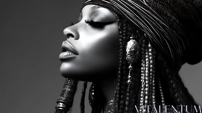 Elegant Black and White Portrait of Woman with Braided Hair and Headwrap.